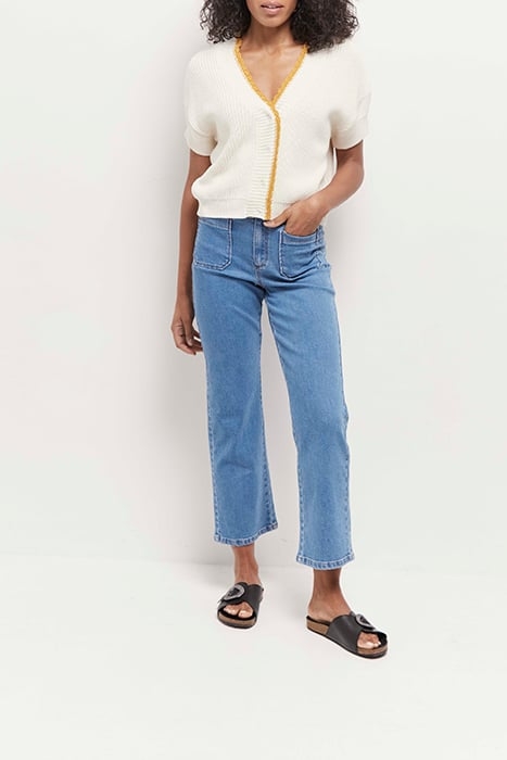 TESS - IVORY CARDIGAN WITH SHORT SLEEVES AND CAMEL TRIM 1