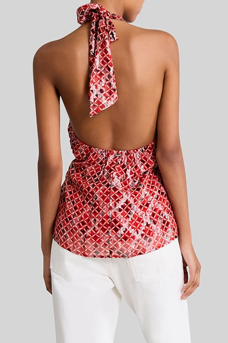 POPPY RED BACKLESS TOP WITH CHECK PRINT 2