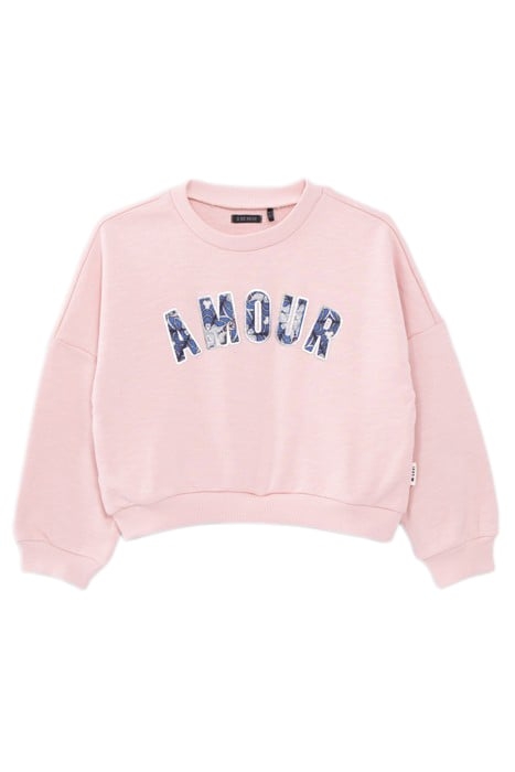 GIRLS' PINK ORGANIC COTTON SWEATSHIRT, FLOCKED WAX SLOGAN 1